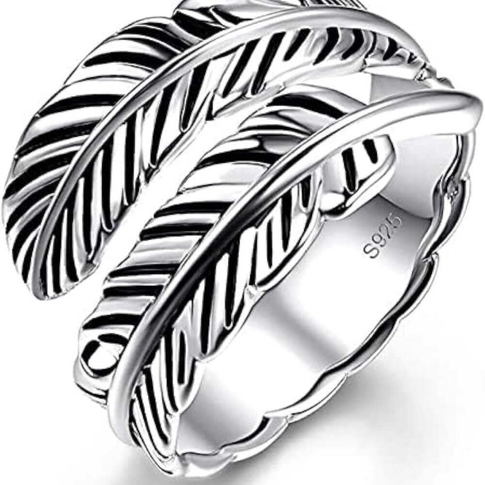 Sterling Silver Feather Ring with Black Onyx & Turquoise - Adjustable Stacking V